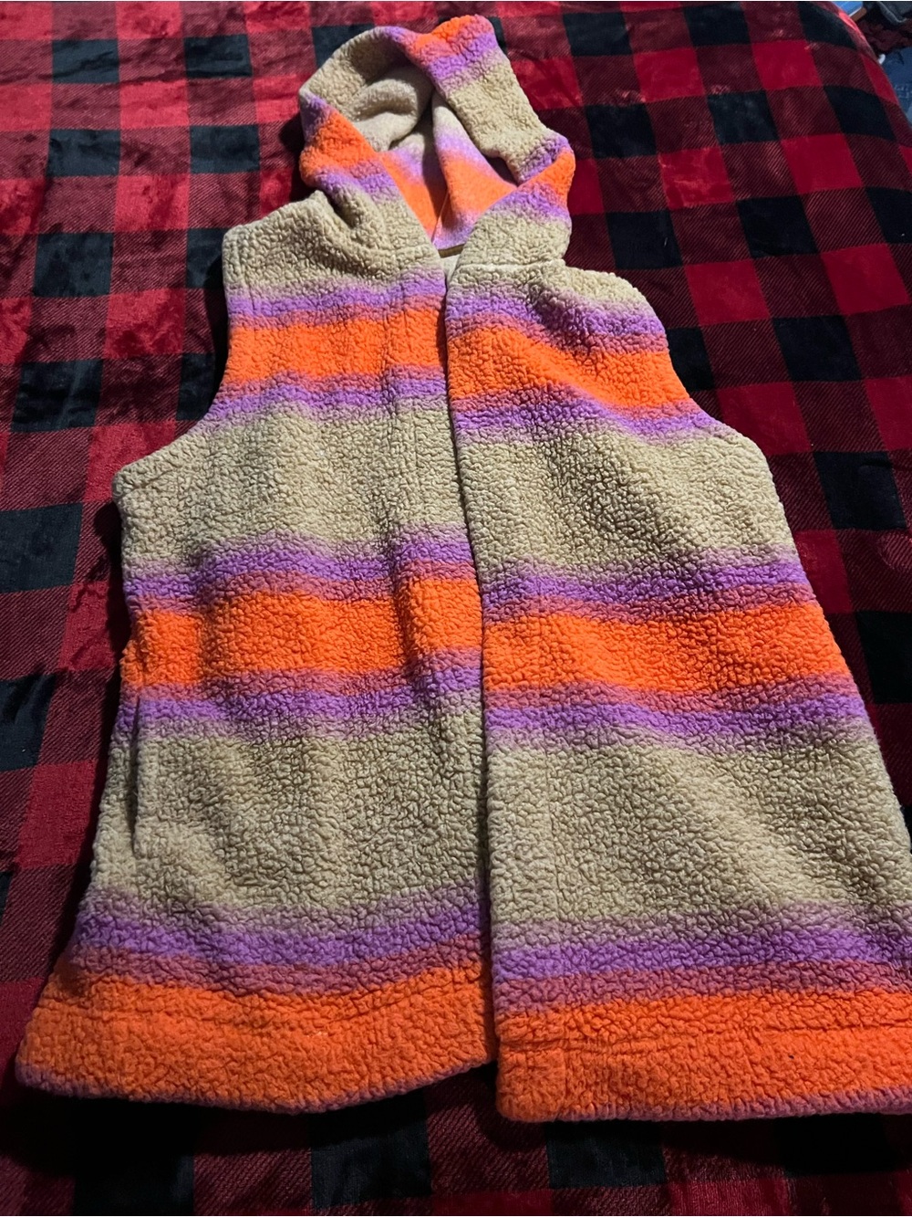 Koolaburra Striped Sherpa Vest in Tan, Orange & Purple